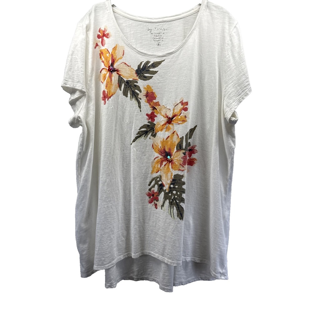 Chico's Women's Top Size XL White Green Orange Floral Cap Sleeve Pullover A11004